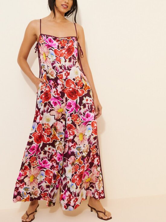 Anthropologie Pants - By Anthropologie Printed Wide Leg Floral Jumpsuit Burgundy Pink L
